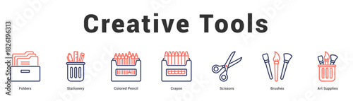 Creative Tools Modern and clean web banner illustration featuring thematic icons for visual communication