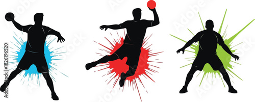 Handball players silhouettes action throwing with splash background