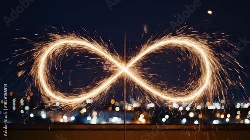 Sparkling Infinity Symbol Against Dark Night Sky Over City Lights.