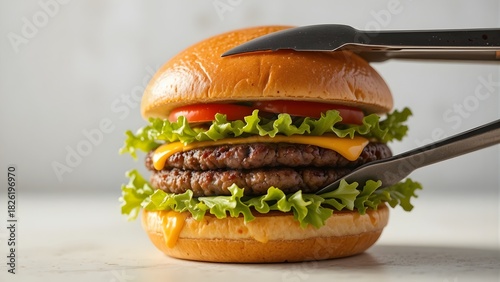 Premium Burger Photo for Advertising. Gourmet Burger Studio Shot. Juicy Layered Cheeseburger Close Up. Clean Background Burger Photography. Classic Beef Burger for Menu and Promo