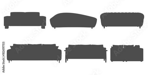 CAD drawings of multiple modern sofa silhouette designs in front view — minimalist block sofa, curved contemporary, tufted cushion, low-profile lounge. Vector illustration