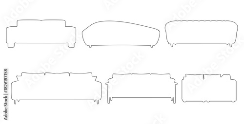 CAD drawings of multiple modern sofa outline designs in front view — minimalist block sofa, curved contemporary, tufted cushion, low-profile lounge. Vector illustration