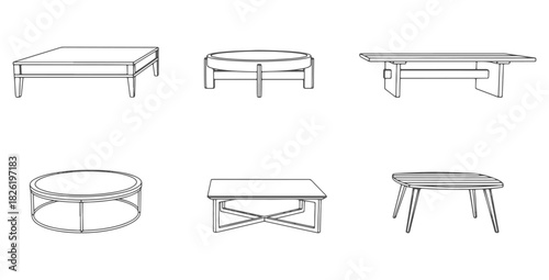 CAD drawings of multiple coffee table designs in front view — rectangular table, round coffee, minimalist slab, metal-frame modern, Scandinavian wooden coffee. Vector illustration