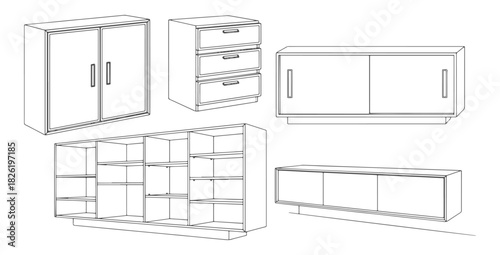 CAD drawings of various cabinet and sideboard designs in front view — 2-door cabinet, 3-drawer unit, sliding-door sideboard, open-shelf cabinet, modern floating cabinet. Vector illustration