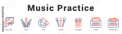 Music Practice Modern and clean web banner illustration featuring thematic icons for visual communication