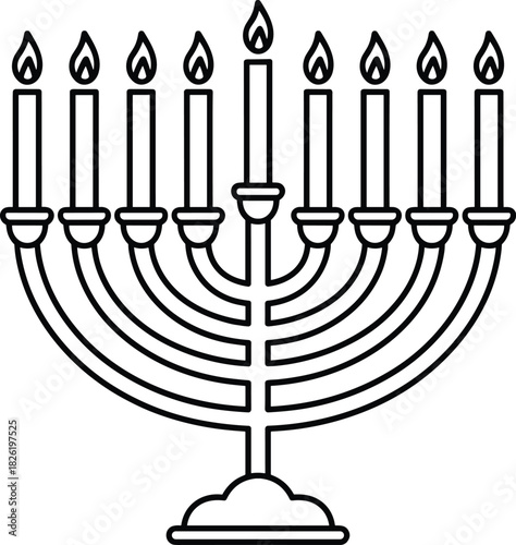 Black line art menorah with nine lit candles Hanukkah