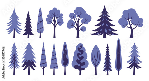 Set of various stylized trees in shades of purple and blue, featuring different shapes of fir, pine, and deciduous trees.
