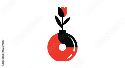 Modern minimalist graphic illustration of a single red tulip in a circular red and black vase, isolated on a white background.