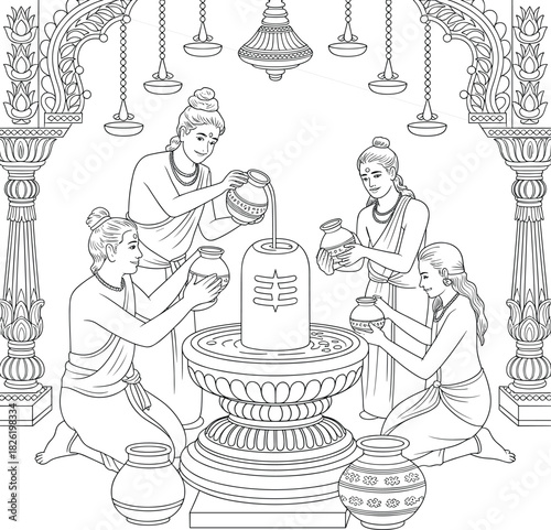 Four people performing ritualistic pouring on a Shiva Lingam
