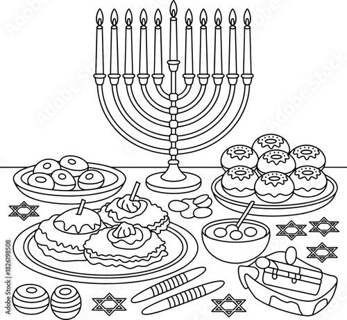 Hanukkah celebration with menorah donuts and sufganiyot