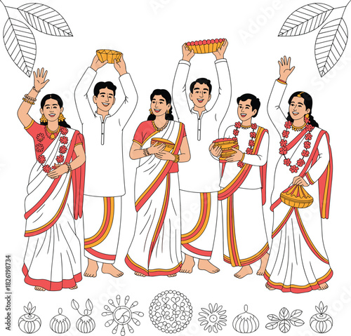 Indian people in traditional white and red clothing holding offerings