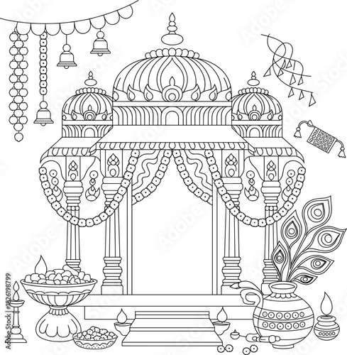 Indian wedding mandap and decorative elements line art