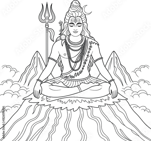 Line art of Lord Shiva meditating on a mountain with a trident
