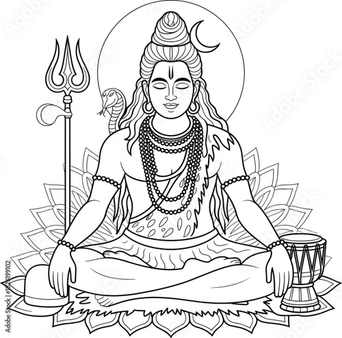 Lord Shiva meditating with trident snake and drum hindu god