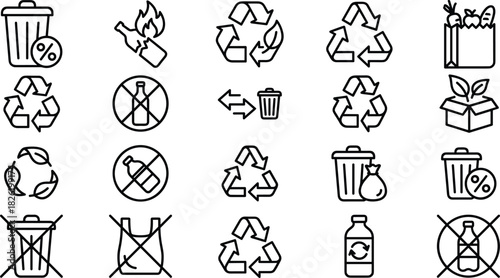 Recycling and Waste Management Outline Icons Set: Environmental Protection, Disposal, Trash Bin, and Eco-Friendly Vector Collection