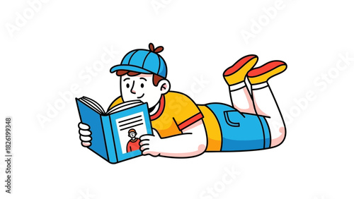 Young boy wearing a baseball cap enjoys reading a book while lying down, illustrating the joy of learning and imagination
