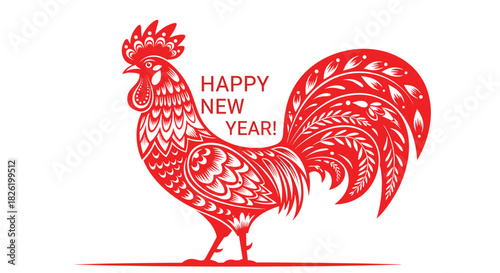 Stylized red rooster in a traditional paper-cut folk art style with an intricate pattern, wishing a "Happy New Year!".