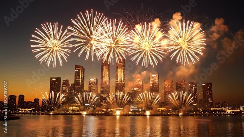 Spectacular Fireworks Display Over a Modern City Skyline at Dusk, Reflected in Water.