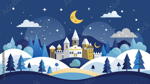 A festive city scene featuring a Ferris wheel, decorated trees, and illuminated buildings during Christmas time..eps