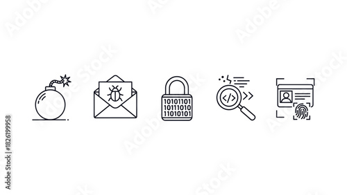 Icons depicting cyber security threats and protection measures in a line art style.