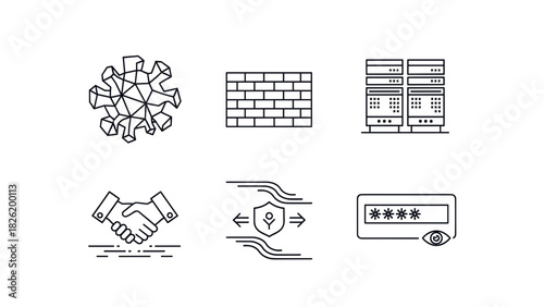 Six line art icons depicting virus, firewall, servers, handshake, security shield, and password.