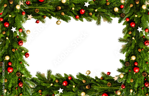 Christmas garland border with ornaments isolated on transparent background