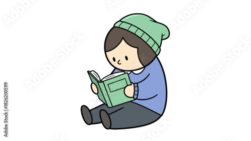 Cute cartoon illustration of a young person wearing a beanie hat sitting on the floor and reading a book. Simple vector character for educational concepts