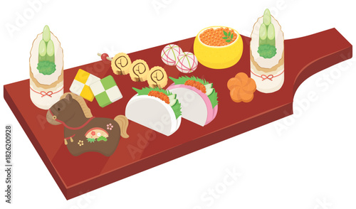 羽子板のプレートに盛られたお節　午年