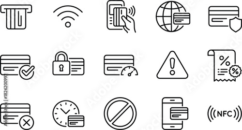 Secure Banking and Digital Payment Outline Icons Set: Credit Card, Mobile Transaction, NFC, and Financial Safety Vector Collection