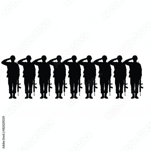 Row of saluting soldiers in formation, vector silhouette style.