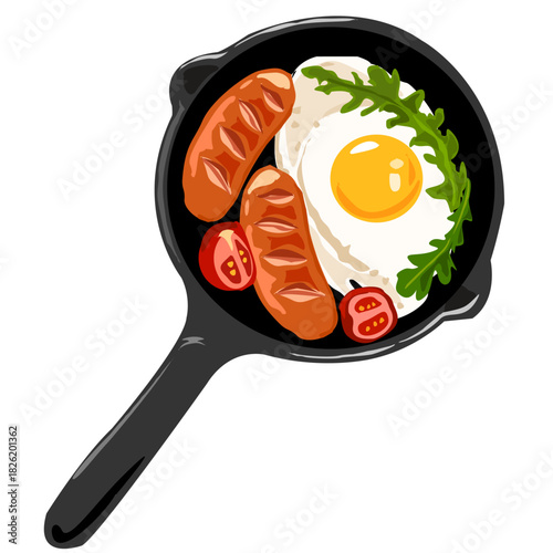 Top view of cast iron skillet with fried egg, grilled sausages, and arugula isolated on white background.