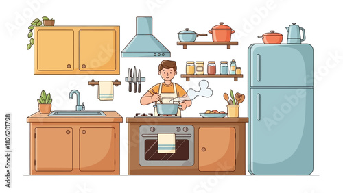 Energetic Man Preparing a Healthy Homemade Meal in a Bright, Modern Kitchen Interior, Showcasing Culinary Joy and Daily Lifestyle