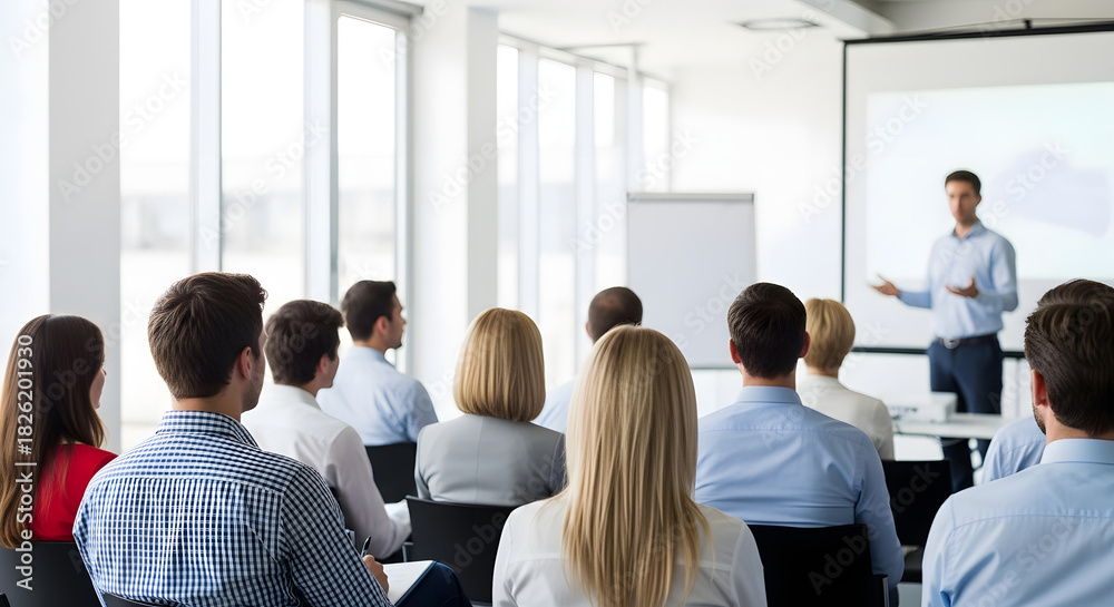 Obraz premium Male speaker presenting to audience in modern conference room 