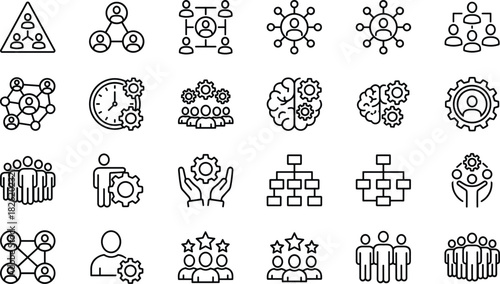 Teamwork, Business Management, and Organization Outline Icons Set: Corporate Structure, Human Resources, and Networking Vector Collection