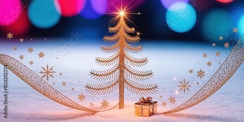 Illuminated golden Christmas tree with star stands beside present and floating snowflakes on snow