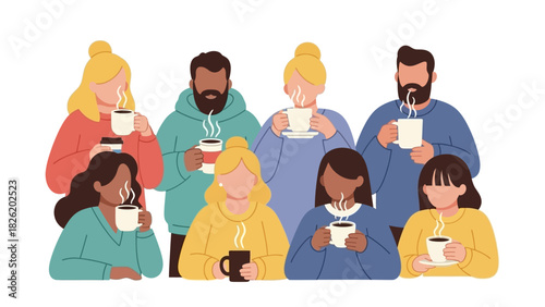 Group of people enjoying hot drinks together in a vector illustration