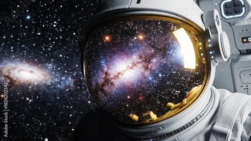 Astronaut gazing at a vibrant galaxy, surrounded by stars in space