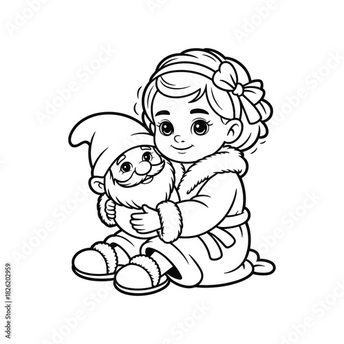 Cute Cartoon Girl Hugging a Garden Gnome Character Illustration Keywords: girl, child, kid, gnome, garden gnome, dwarf, fantasy, character, hug, embrace, holding, toy, doll, stuffed animal, cute