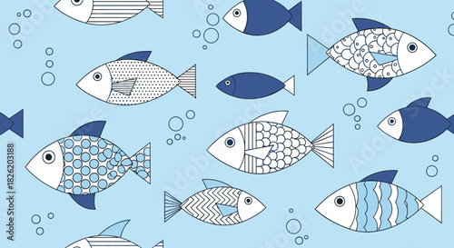 Seamless nautical pattern of stylized decorative fish in white and shades of blue swimming on a light blue background.