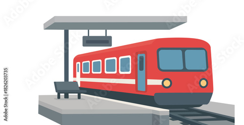 Flat design illustration of a red passenger train waiting at a platform.