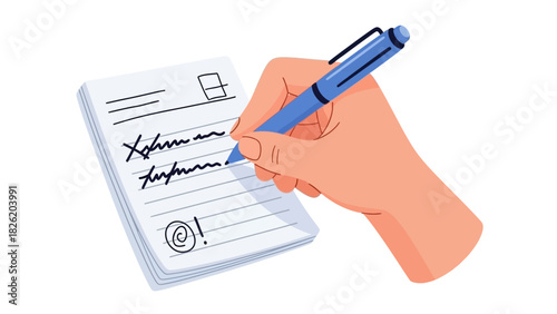 Vector illustration of a hand holding a pen and writing notes on a lined paper notepad for business or education concepts