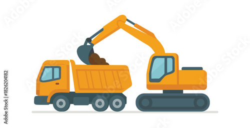 Flat design illustration of an excavator loading a dump truck.
