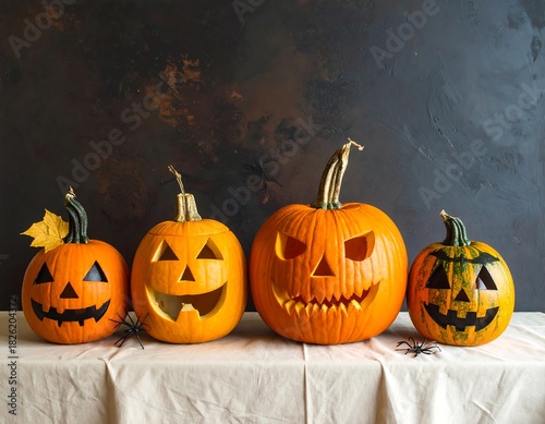 Four carved pumpkins and plastic spiders on white linen cloth