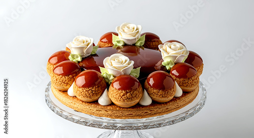 ultra-luxury style of a single flawless Saint-Honoré cake with glossy caramel-coated choux puffs, delicate Chantilly roses and mirror glaze center, on a crystal cake stand