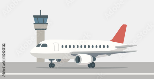 Flat design illustration of a commercial airplane near an airport tower.