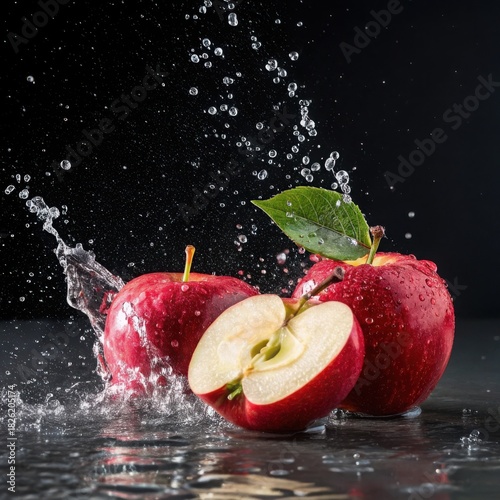 Two halves of a juicy red apple with a green leaf and water splash
