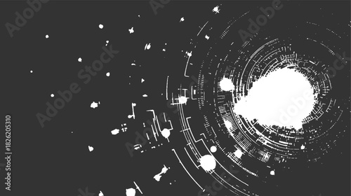 Abstract white circular pattern with scattered dots on dark gray background vector