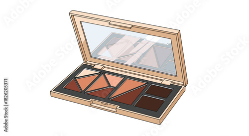 Open eyeshadow palette with neutral brown and tan shades and a mirror.