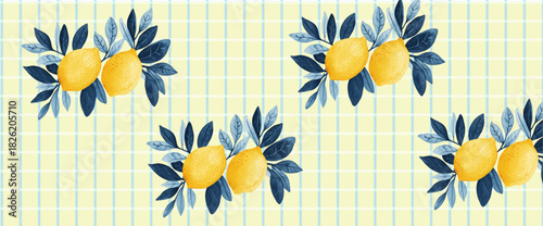 Summer pattern with Italian Amalfi coast with Mediterranean lemons. Watercolor background for poster, card or decorative tile design with Italian cuisine.