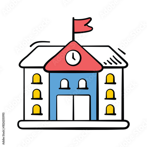 Trendy school building doodle illustration, education, institution, and learning center
